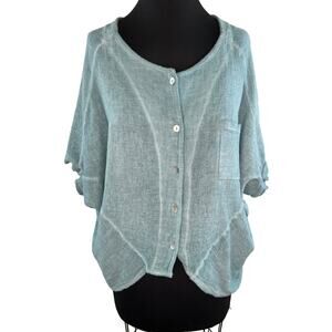 Tera Bora Lagenlook Blue Cotton Linen Relaxed Button-Up Dolman Sleeve Top S M L